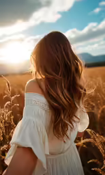 girl with flowing hair walking in field during sunset