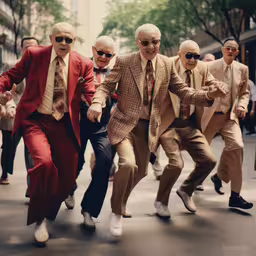 several men in dress suits and sunglasses dancing on a street,men are wearing suits and walking down a street