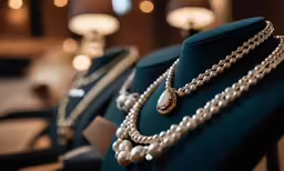 a womans necklace and earring set sitting on display