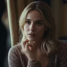 a young blond woman in brown sweater with ring