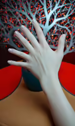 hand reaching out from behind blue vase with white tree and red lights