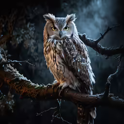 an owl is standing on top of a tree limb