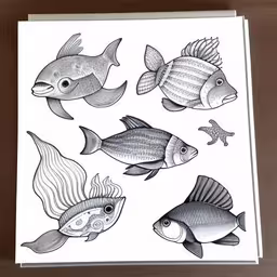 a greeting card featuring fish in pen,some cute drawings of sea animals are on this card