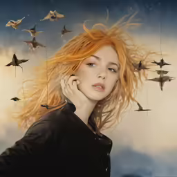 the woman has her hair flowing in front of stars