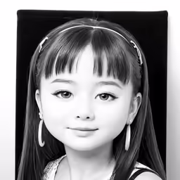 a black and white photograph of a woman with long bangs and big earrings
