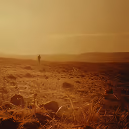 two people stand in the distance near a field