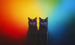 two black cats sitting side by side, with a rainbow colored background