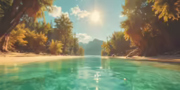 a river with many clear water in front of a mountain range