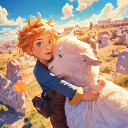boy with blond hair hugging an animal on top of a rock