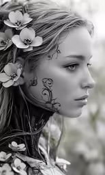 a model with tattoos and flowers in her hair