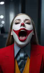 woman in red and white clown face makeup showing surprise