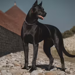 large black dog standing on a rocky road