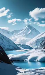 the snowy mountains and lake are in contrast to each other