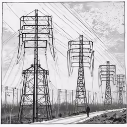 an old photo of a person walking next to telephone poles
