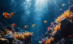 fish swimming over an aquarium with many plants and rocks