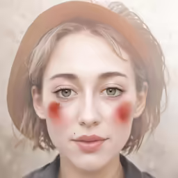 the girl with the hat has red paint on her face