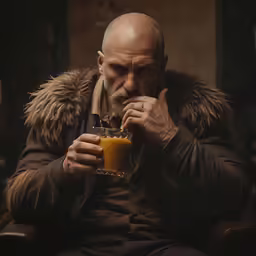 a bald man in fur jacket holding a cup