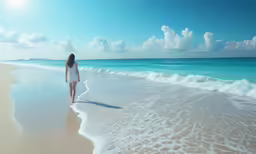 woman in white walking toward the ocean towards sand