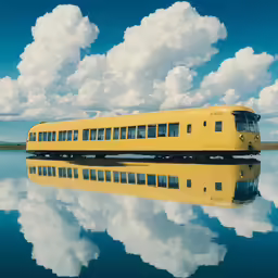 a yellow train is on the water on a cloudy day