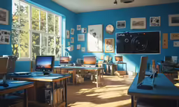 room containing multiple desks, computers and paintings