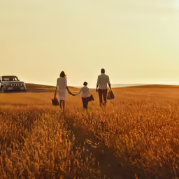 the family is walking through a field holding hands