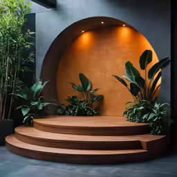 a wooden platform with three plants on each side