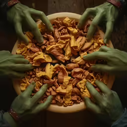 green hands holding a bowl of food