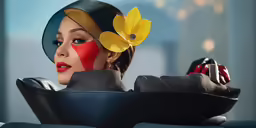a woman with a painted face and hair accessories sitting on a chair