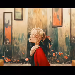 the woman with a hair bun is wearing a red coat