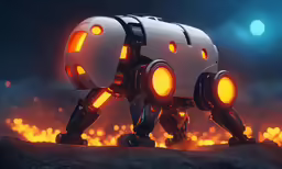a robot is standing in front of some bright orange lights