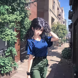an anime girl walking down a narrow street