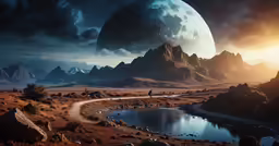 a sci - themed scene shows a vast planet rising above water