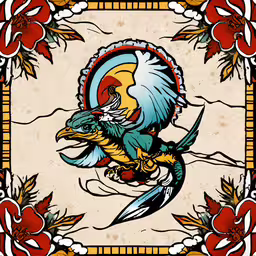 the ornate art work of john phillips in the front of a frame,a painting with an eagle on it