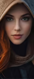 a beautiful young lady with red hair wearing a hat
