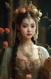 a doll is wearing an oriental costume with pearls,the girl is wearing a necklace and a flower crown