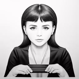 a woman with bangs is holding a card