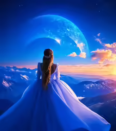 a girl in a white dress sitting in front of a full moon