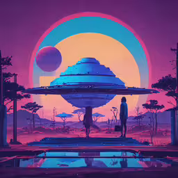 a painting with a spaceship on it and a man standing in the middle,a futuristic landscape with a man standing in front of a dome in the distance