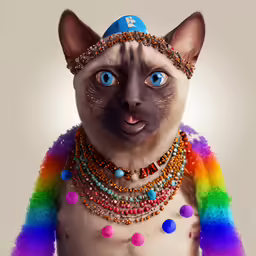 a sphyhyhydone cat wearing jewels is standing in front of a white backdrop