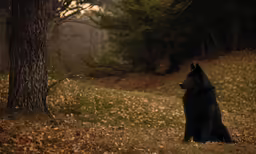 the black dog is sitting next to a tree