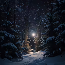 a snowy path through a forest with snow on the ground