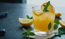 a glass of orange tea on a wooden table