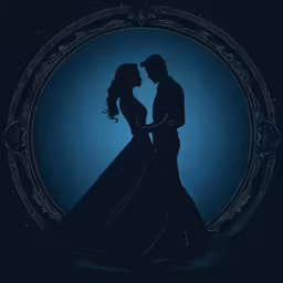 the silhouette of a man and woman in front of a circle