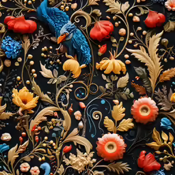 a design in black with red, blue and gold flowers