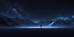 a man in the middle of a mountain range with the sky filled with stars