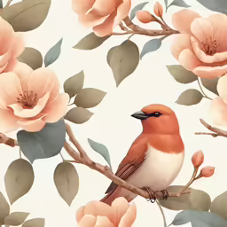 a bird sits on a branch next to some pink flowers