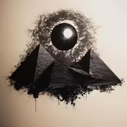 an artistic painting of a black pyramid with a sun in the center