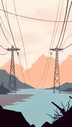 an illustration of electric wires over looking the ocean