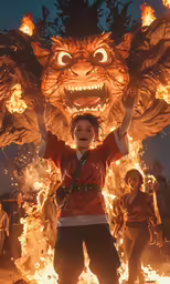 a girl in red sweater holding up fire breathing dragon
