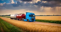 a semi truck traveling down the road next to a field,an image of tanker truck riding down the road